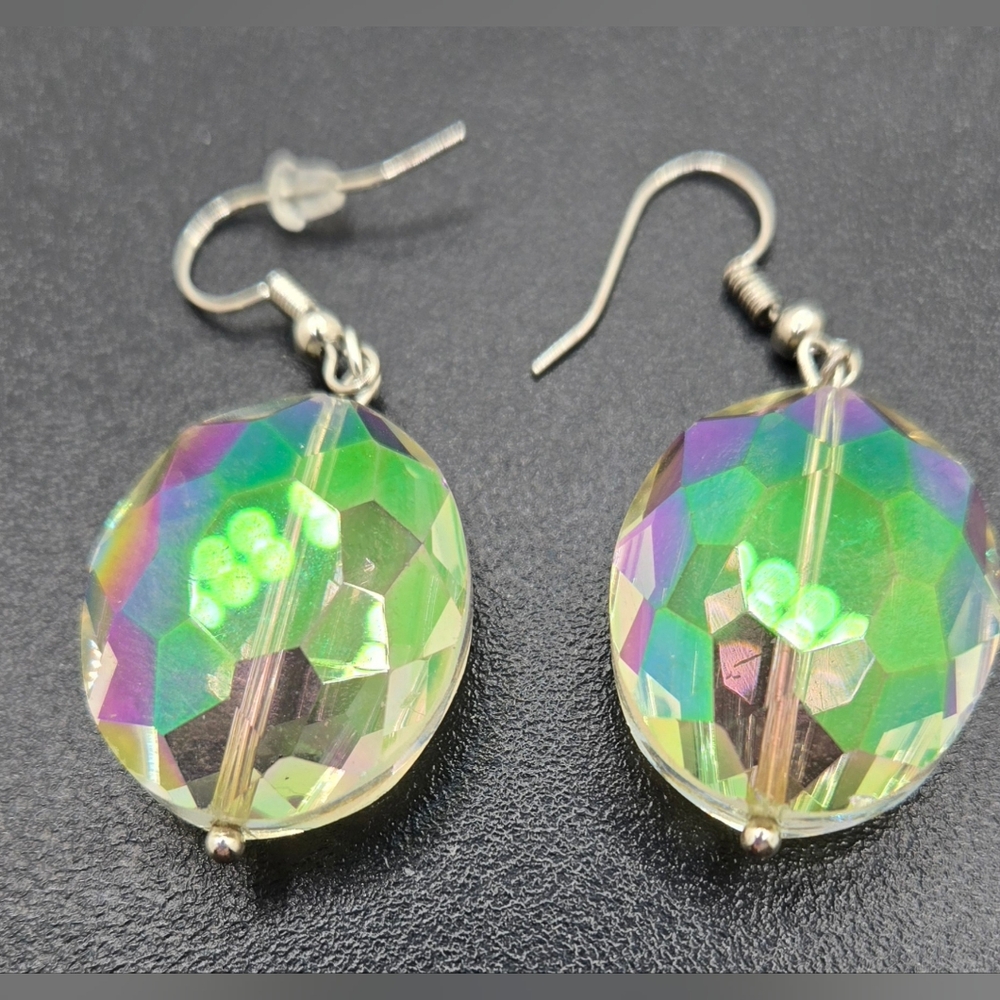 Hook Dangle Earrings Large Aurora Borealis Crystals 1.5" Drop